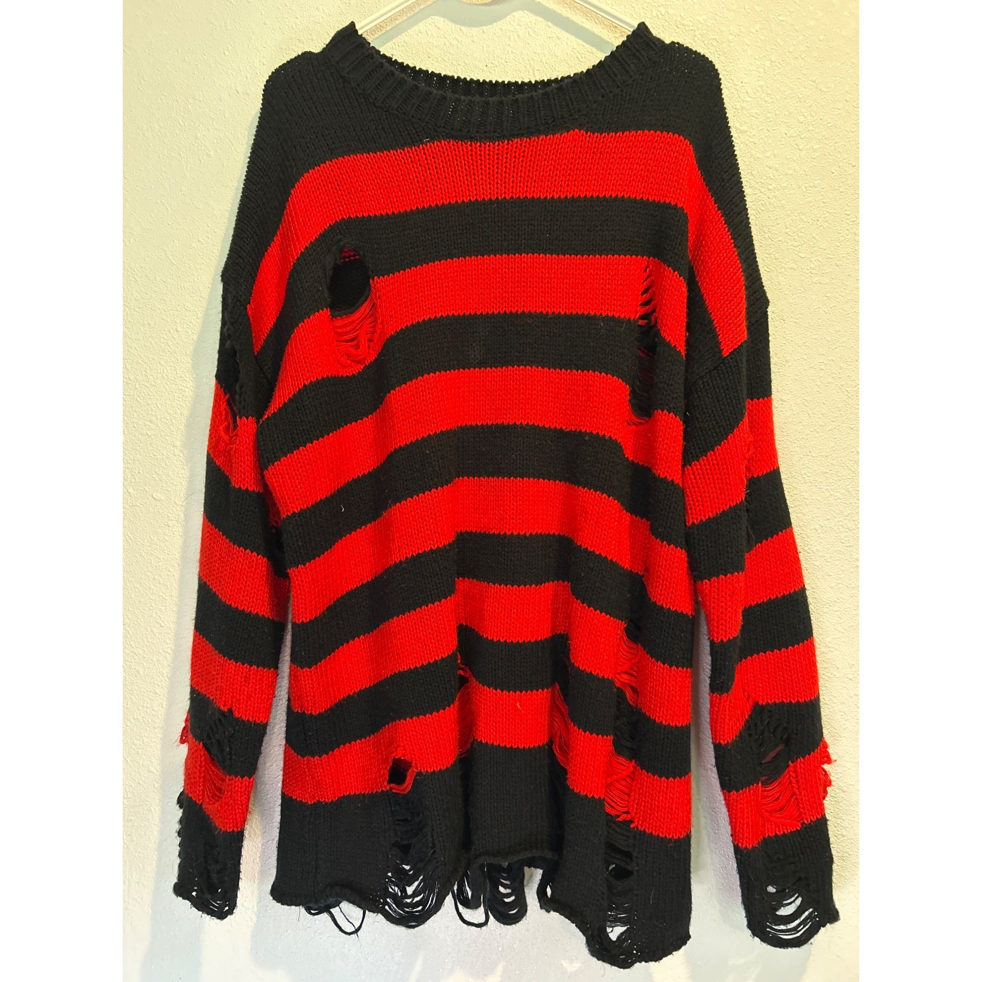 CHOII (XL) Distressed Kreuger Goth Sweater Black / Red Knit Pullover