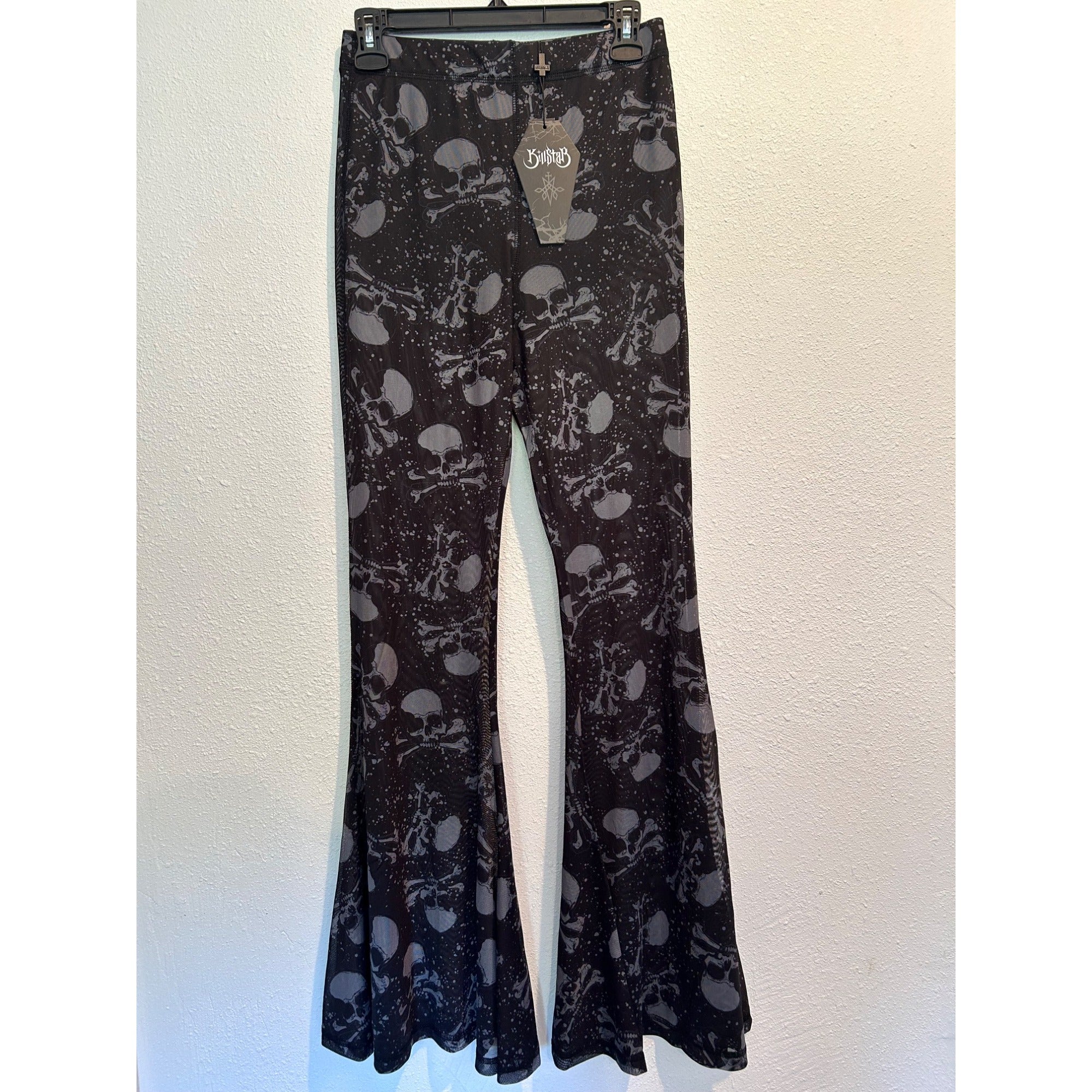 Killstar "SIDESHOW" Skull SMALL Sheer Flares Pants Lounge BLACK