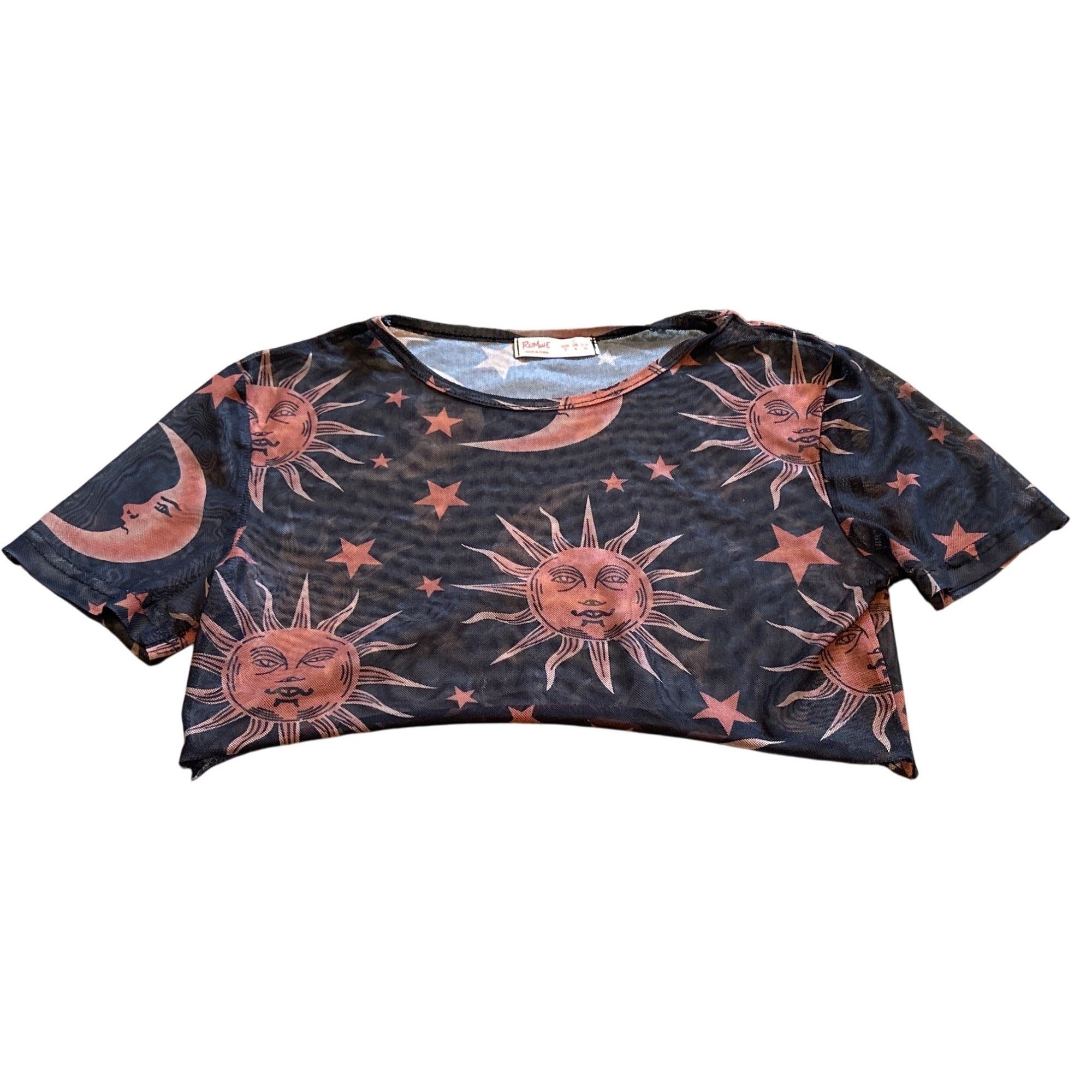 ROMWE Sheer Mesh CROP TOP (SMALL) Celestial  Sun Moon Witchy