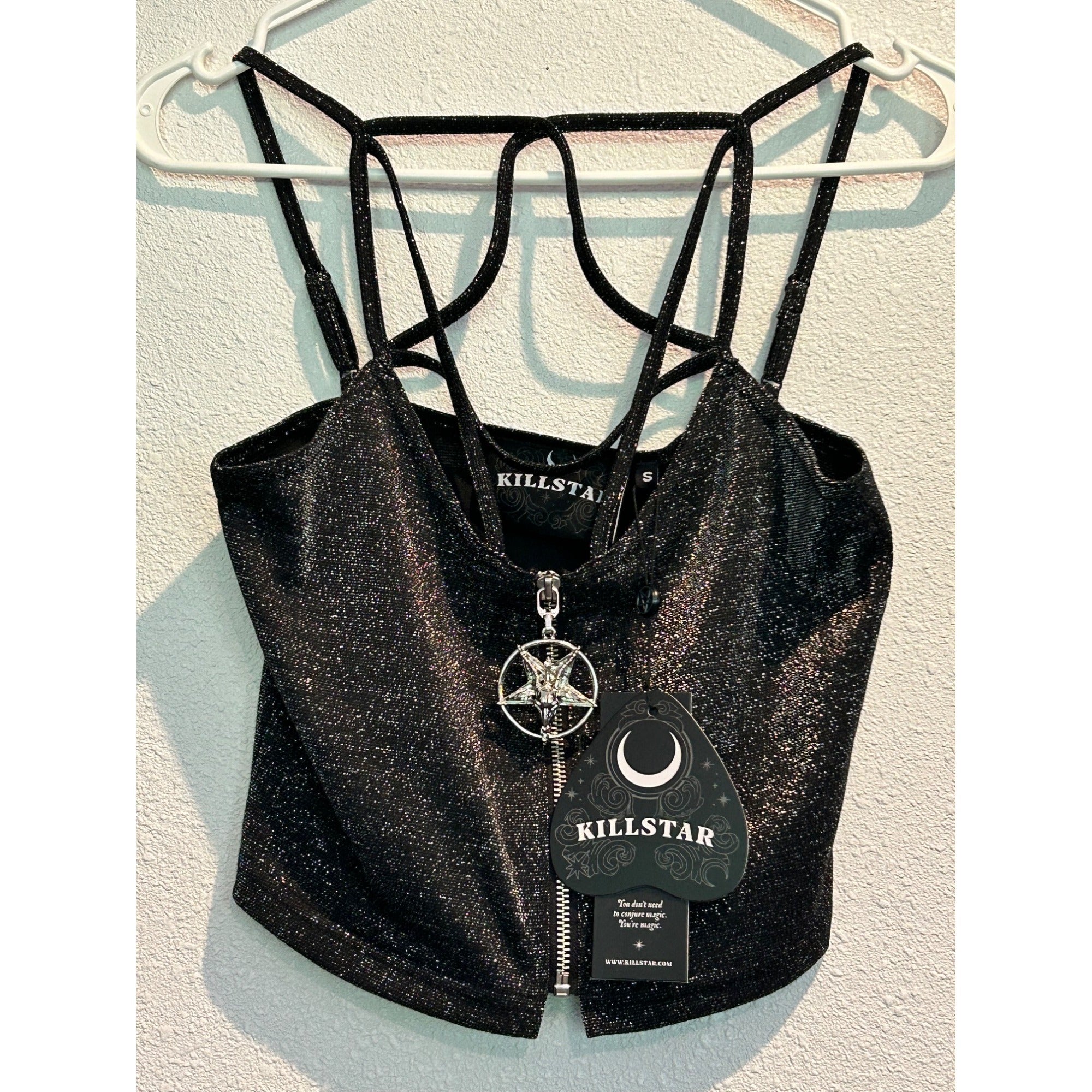 Killstar  Synth Soul Strappy Pentagram Zip Top Tank Glitter Gray NEW!!!