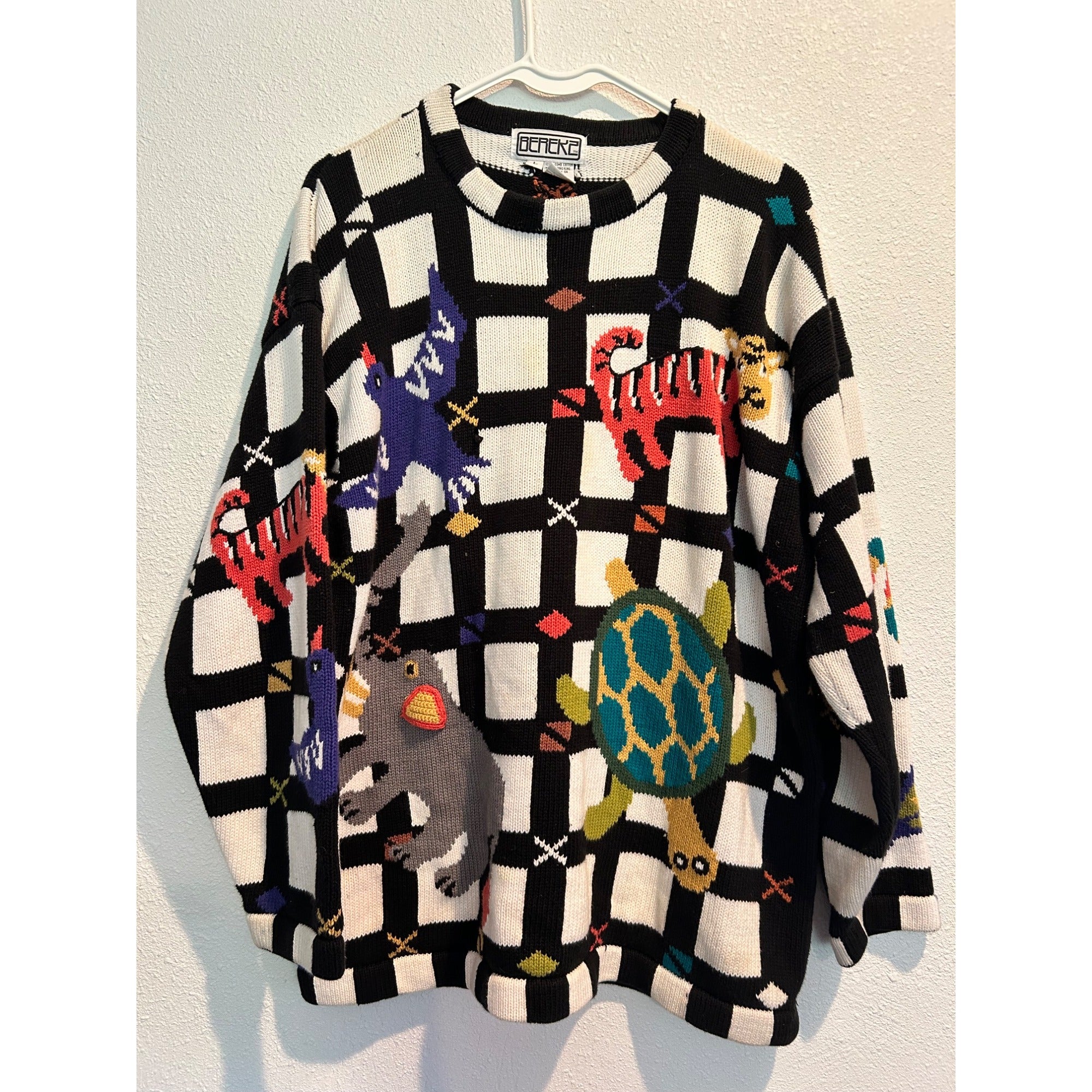 BEREK 2 Knit LARGE Checkered Safari Zoo Animal Sweatshirt Vintage