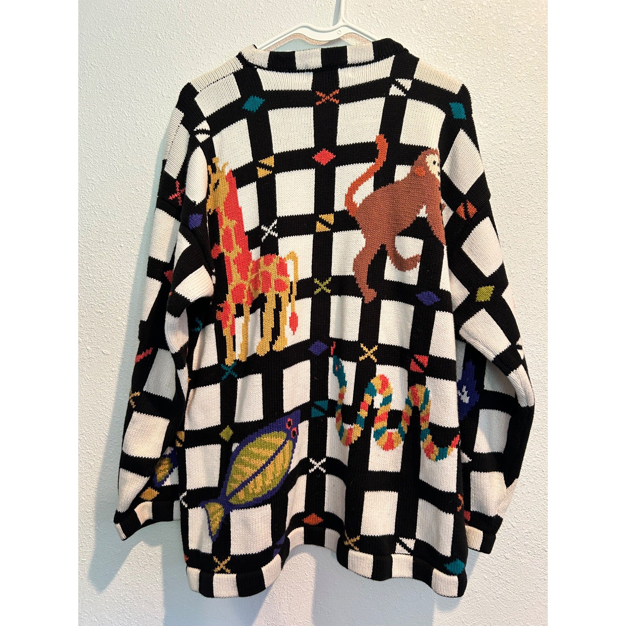 BEREK 2 Knit LARGE Checkered Safari Zoo Animal Sweatshirt Vintage