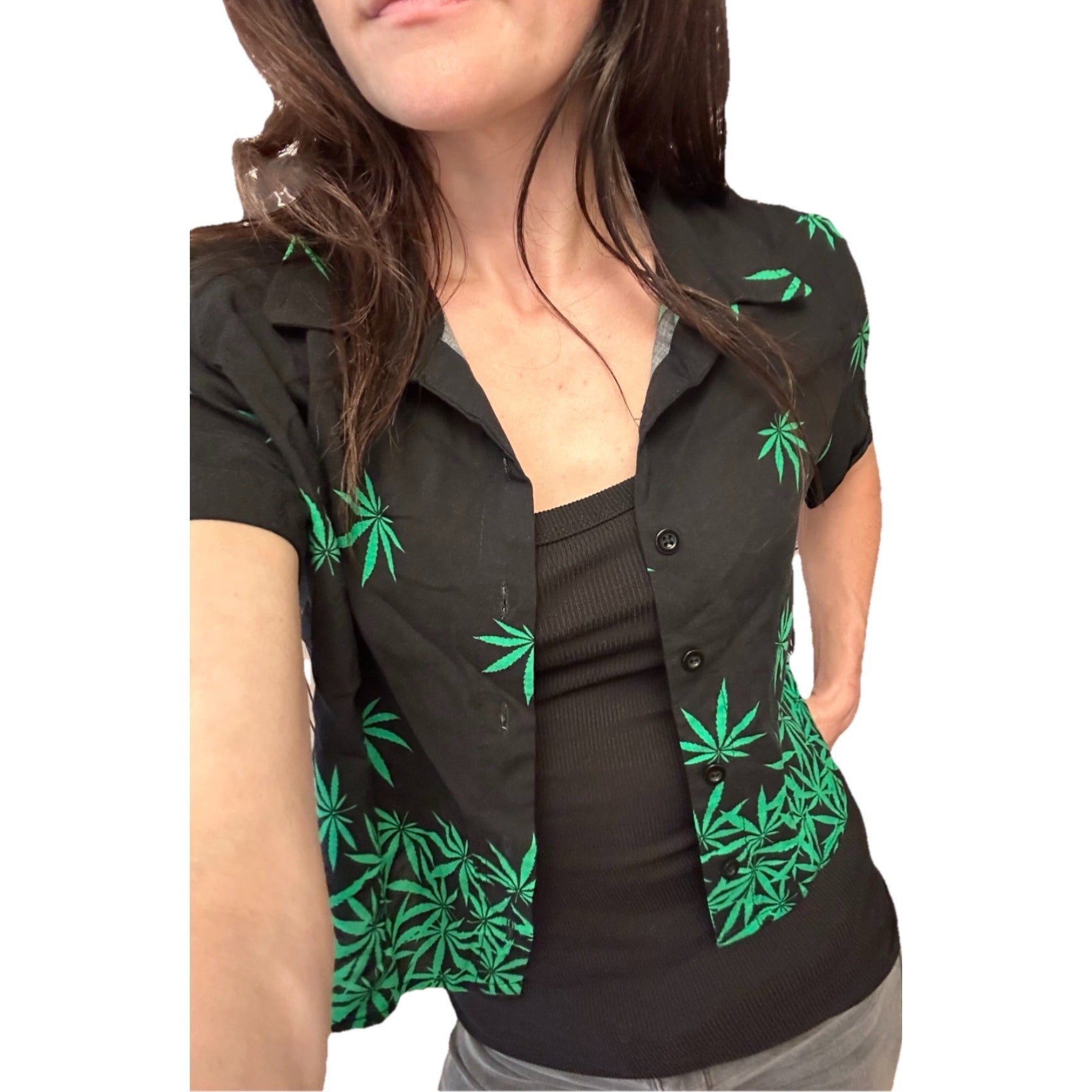 Spencer’s Marijuana Weed CROP Button Front Shirt WOMENS LARGE