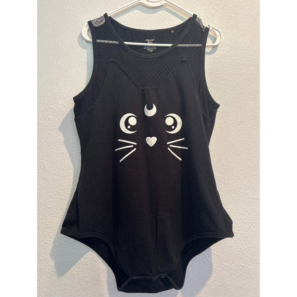 Little for Big 2XL Black Adult Bodysuit Kitty Cat Face Mesh