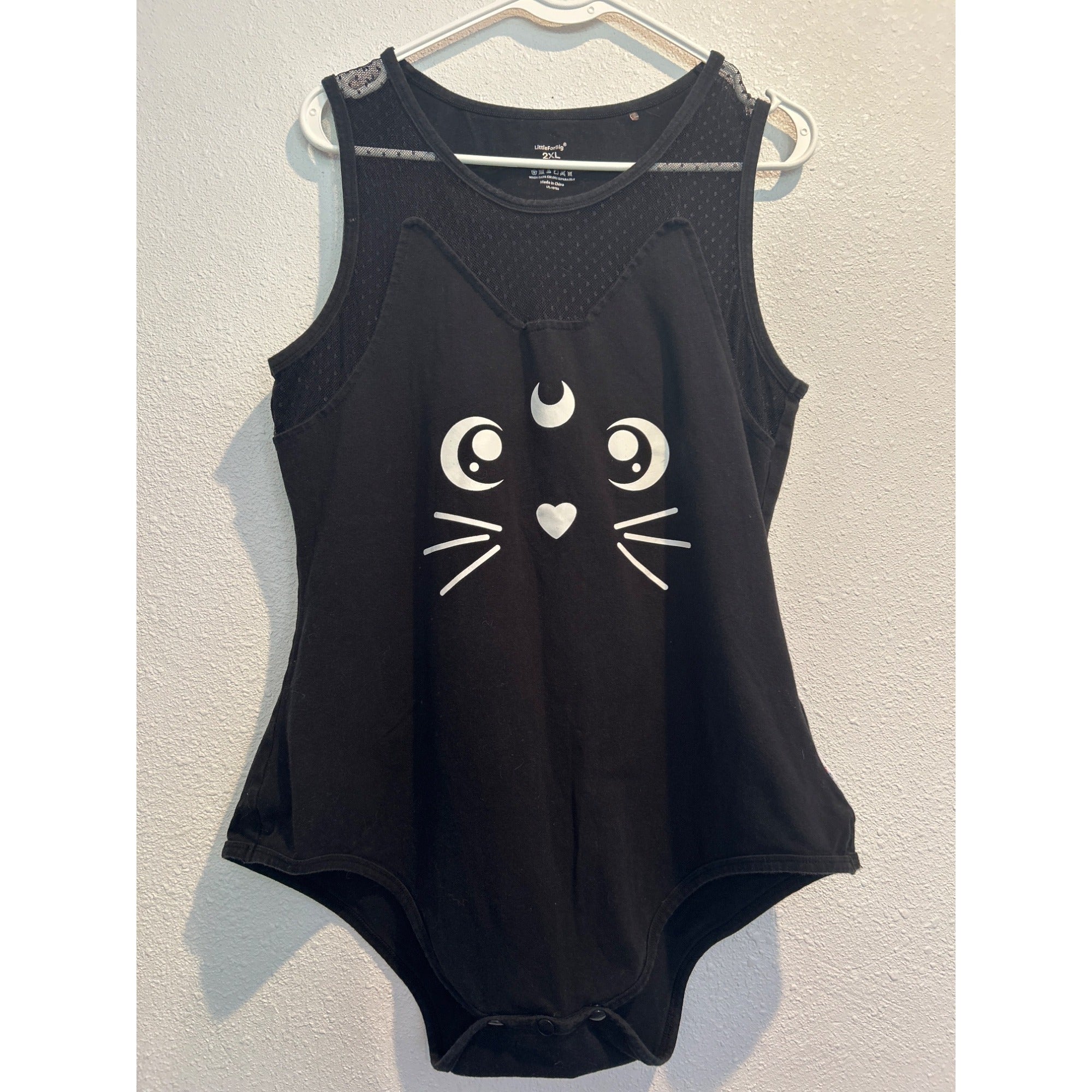 Little for Big 2XL Black Adult Bodysuit Kitty Cat Face Mesh