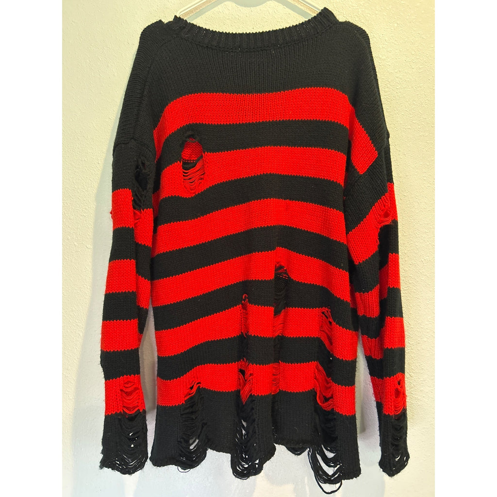 CHOII (XL) Distressed Kreuger Goth Sweater Black / Red Knit Pullover