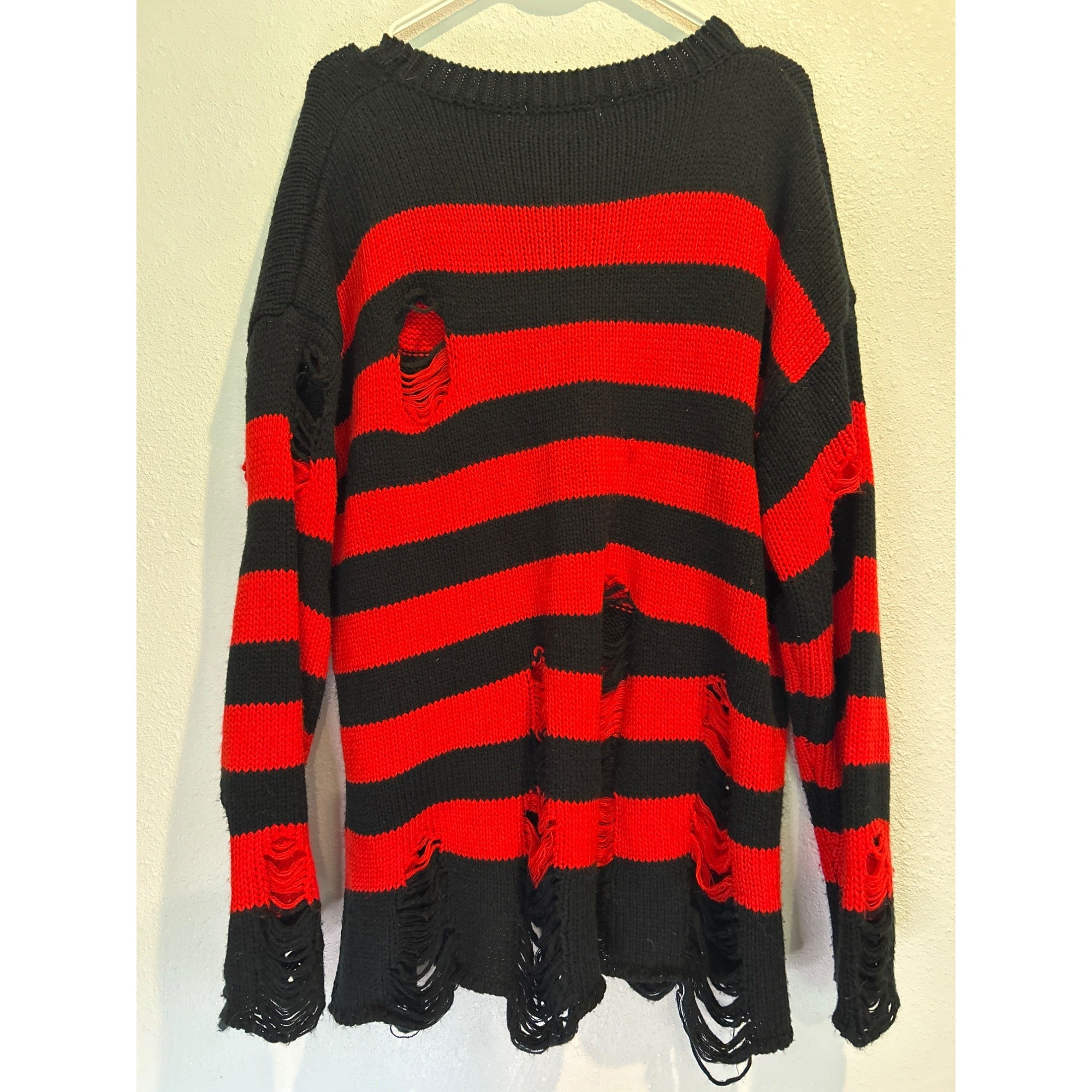 CHOII (XL) Distressed Kreuger Goth Sweater Black / Red Knit Pullover