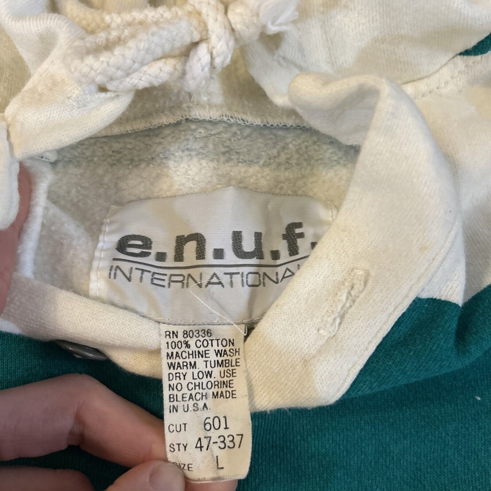 VINTAGE Enuf International LARGE 90’s Hoodie Green White Striped Pullover