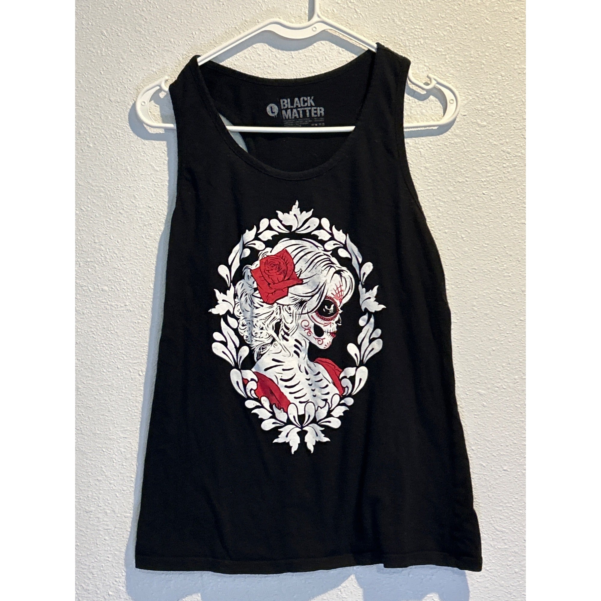 Day Of The Dead  Sugar Skulls Black Women's LARGE Tank Top Dia de Los Muertos
